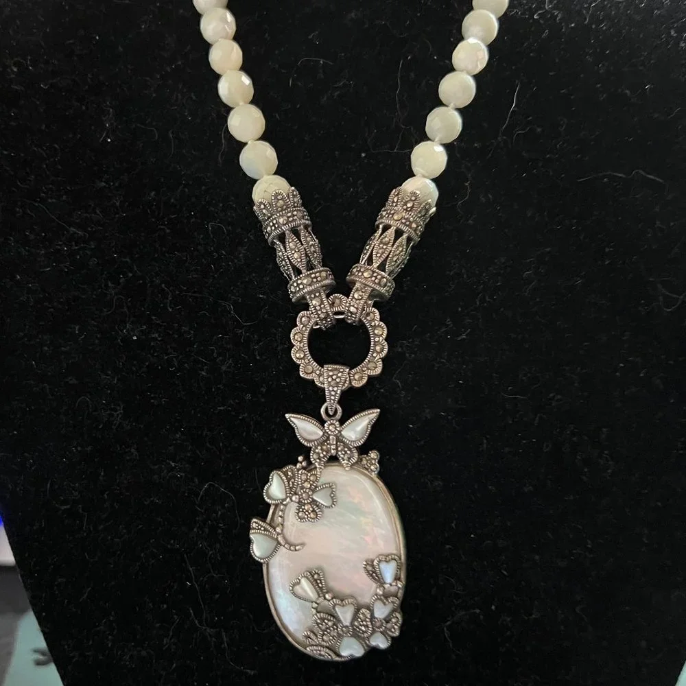 Artisan 925 Silver MOP Marcasite Faceted Iolite Tourmaline Necklace - Picture 3 of 9